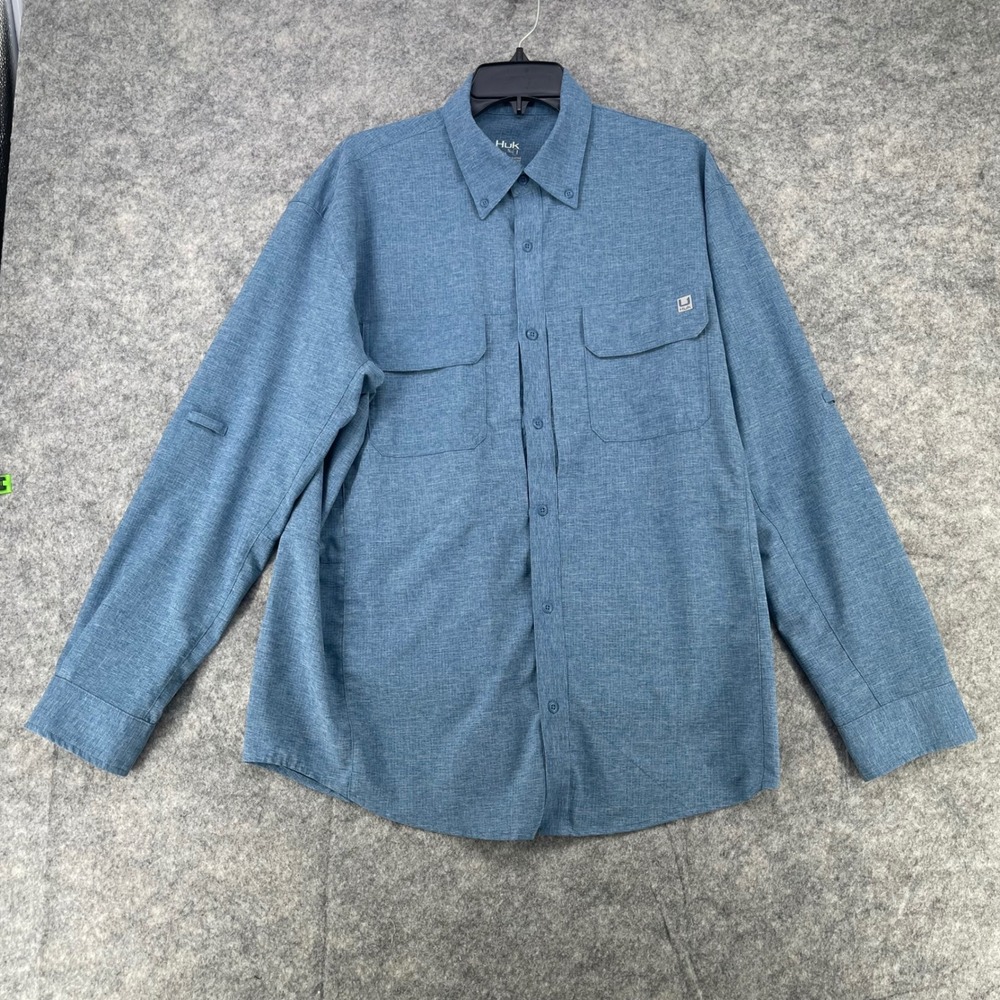Huk Tide Point Break Fishing Shirt Men Large Blue Chambray Performance Button Up